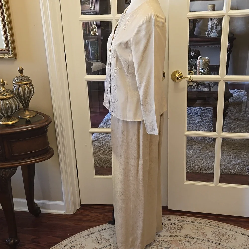 Adrianna Papell 100% Silk Cream Embroidered Beaded Maxi Pencil Skirt Suit 12 EUC
